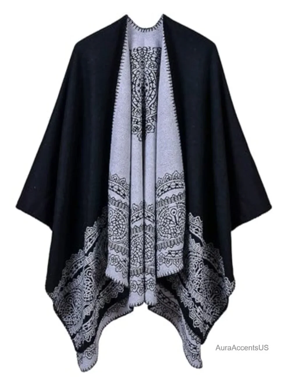 Womens Poncho Shawl Wrap Open Front Cape Soft Acrylic Wool Reversible